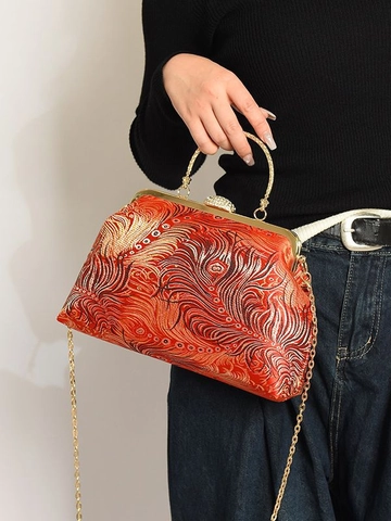 Vintage Chinese Style Evening Bag Brocade Velvet Peacock Embroidery Metal Handle Chain Strap Banquet Handbag For Women