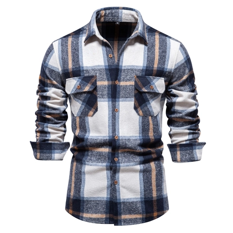 Men Plaid Shirt Flannel Long Sleeve Button Down Top Business Casual Work Blouse With Double Pockets For Men Everyday Wear