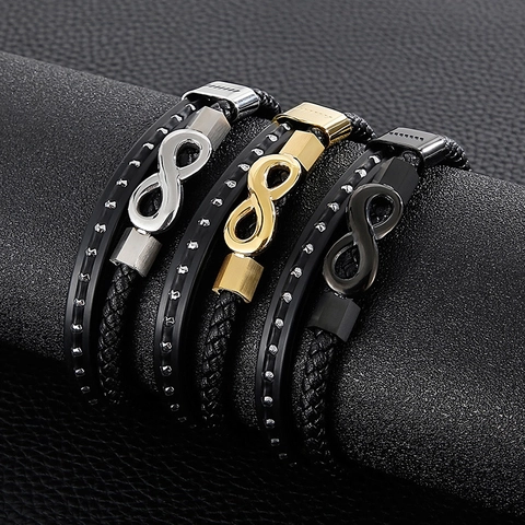 Bracciale Multistrato In Pelle Intrecciata Da Uomo Con Simbolo Infinito In Acciaio Inossidabile Dettaglio Borchie Gioielli Hip Hop