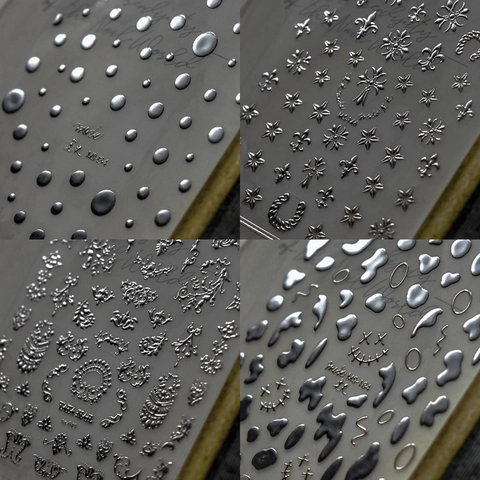 3D Silberne Metallische Nail Art Aufkleber Geprägte Herz Stern Buchstaben Planeten Dekore Selbstklebend Maniküre DIY