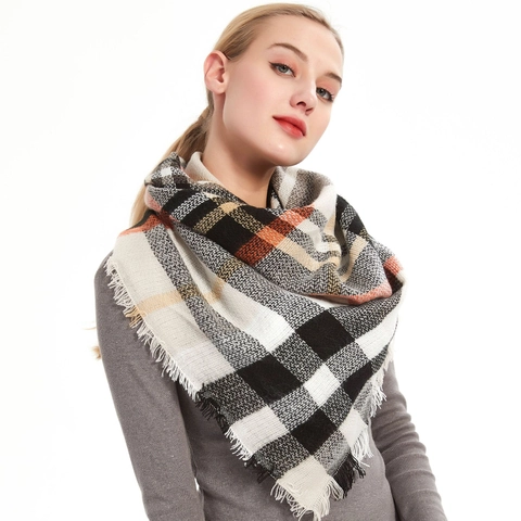 Women Plaid Triangle Scarf Cashmere Like Acrylic Tassel Shawl Winter Warm Checkered Wrap Fashion Commuter Women Accessory
