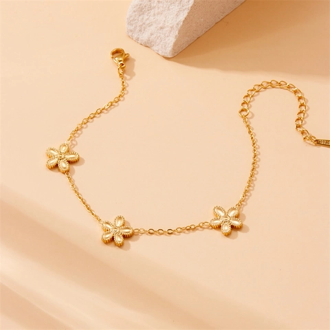 Gold Plated Stainless Steel Flower Bracelet Women Petal Charm Adjustable Chain Bead Edged Minimalist Jewelry
