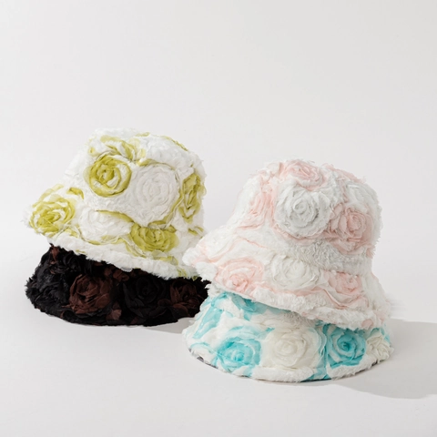 Bucket Hat 3D Rose Flower Plush Polyester Tulle Warm Winter Elegant Windproof Retro Adjustable For Women