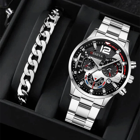 Men Business Quartz Watch And Bracelets Stainless Steel Strap Alloy Case Calendar Fashion Sport Wristwatch