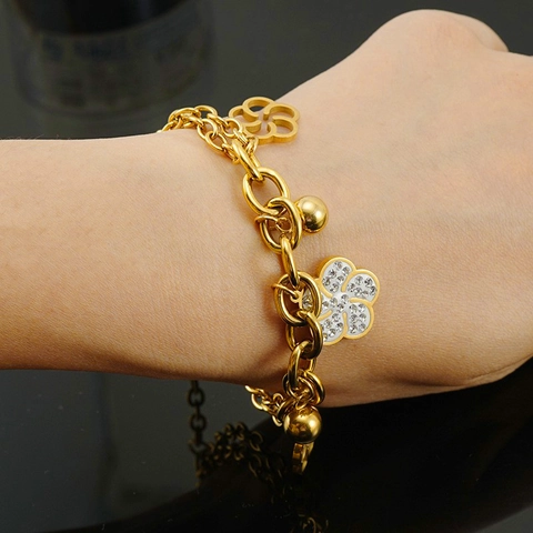 Holle Bloem Armband 18K Verguld Roestvrij Staal Dubbellaagse Ketting Met Kristallen Strass Elegante Sieraden Cadeau Voor Vrouwen