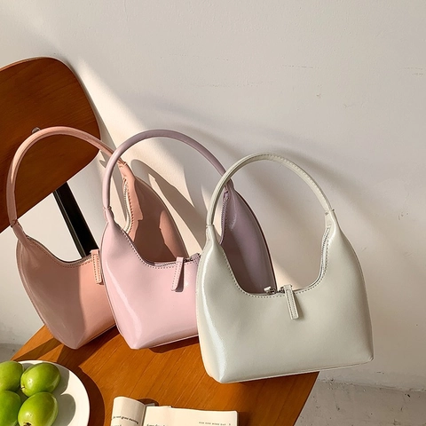 Women Underarm Bag Shiny Patent PU Leather Minimalist Hobo Shoulder Bag Solid Color Half Moon Zipper Handbag