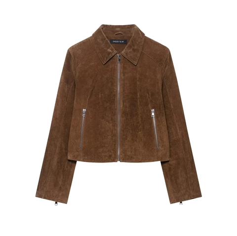 Damen Kurze Wildlederjacke Reißverschluss Reverskragen Langarm Kunstwildleder Kurze Oberbekleidung Einfarbig