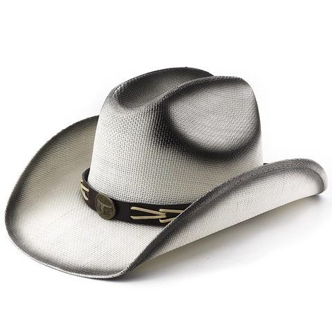 Sombrero De Vaquero Western Paja Tejida Protección Solar Hebilla Cabeza De Toro Retro Para Hombre Mujer