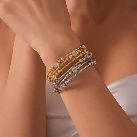 Multi Layer Offener Armreif Eisen Metall Runde Perlen Strass Geometrisch Retro Mode Schmuck Für Damen