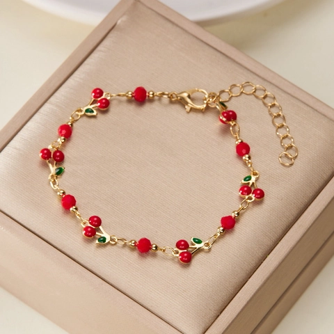 Women Charm Bracelet Copper Gold Plated Heart Cherry Flower Zircon Inlaid Adjustable Chain Jewelry Trendy Elegant
