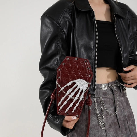 Coffin Shaped Shoulder Bag Gothic Punk PU Leather With Skull Embossing And 3D Skeleton Hand Decor For Women
