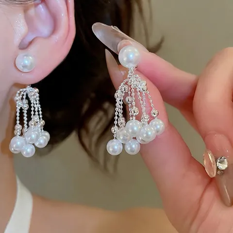 Elegantes Pendientes De Borla De Perlas Artificiales Con 925 Sterling Silver Earring Post Estilo Francés Vintage Joyería Para Mujer