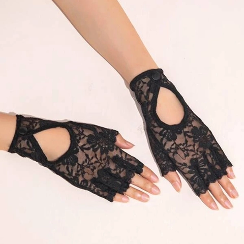 Zwarte Kant Vingerloze Handschoenen Met Knoop Uitsparing Bloemenpatroon Elegante Party Accessoires Voor Dames