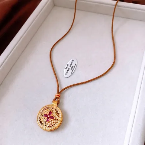 Collana Con Pendente Tondo Rame Zircone Placcato Oro Filigrana Cavo Fiore Design Lungo Cordino Marrone Stile Retro Vintage Donne