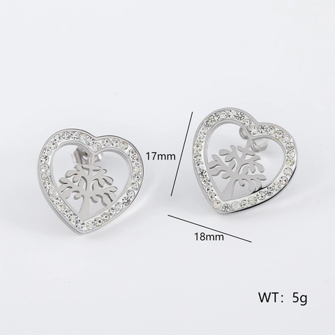 Pendientes De Botón Corazón Árbol De La Vida Acero Inoxidable 304 Strass Incrustado Joyería Elegante Para Mujer