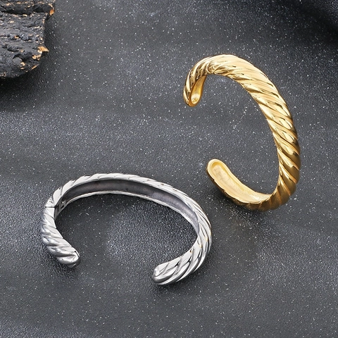 Twisted Rope Open Bangle Stainless Steel 18K Gold Plated Vintage Punk C-Shaped Cuff Bracelet For Men