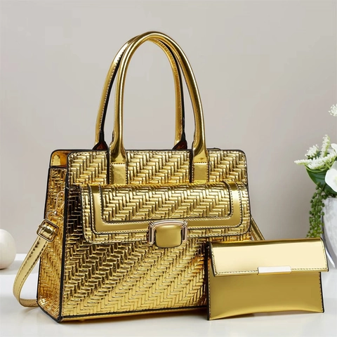 Women Patent PU Leather Woven Pattern Large Capacity Tote Handbag And Clutch Wallet Elegant Minimalist Shiny Texture