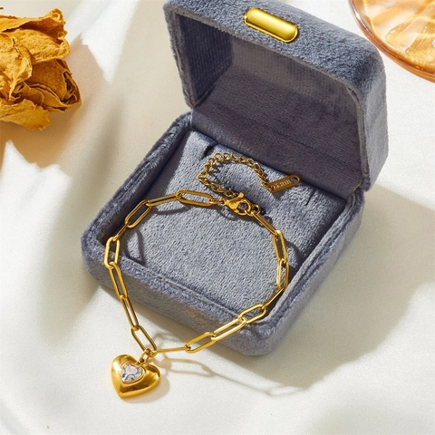 Bracciale Con Ciondolo A Cuore E Orecchini Acciaio Inossidabile Placcato Oro Zirconia Cubica Gioielli Donna