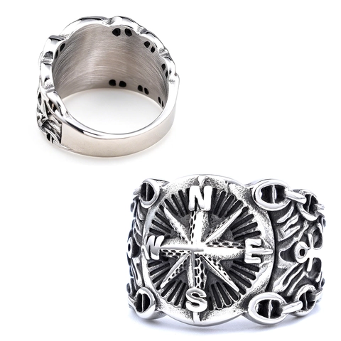 Vintage Kompas Ring Roestvrij Staal Nautisch Anker Ster Punk Gothic Zegelring Voor Heren Dames