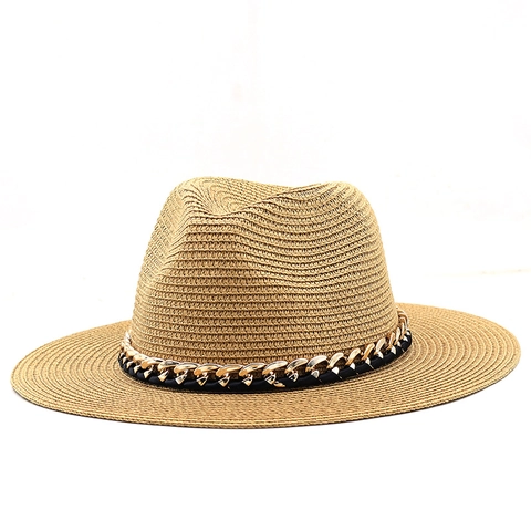 Fedora Straw Hat With Bull Head Metal Decor Leather Band Acrylic Chain Wide Brim Sun Protection Summer Outdoor Beach Jazz Hat