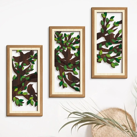 Wooden Wall Art Hollow Green Leaves Birds Silhouette Plaque Pastoral Hanging Decoration For Living Room Bedroom Natural Style