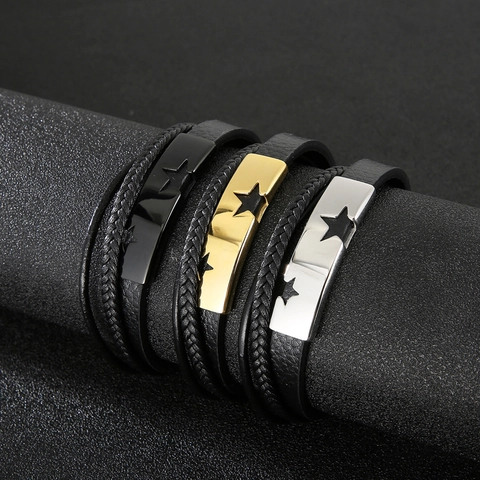 Bracciale Multistrato Uomo Pelle Acciaio Inossidabile Motivo Stella Punk Moda Polso Chiusura Magnetica Gioielli