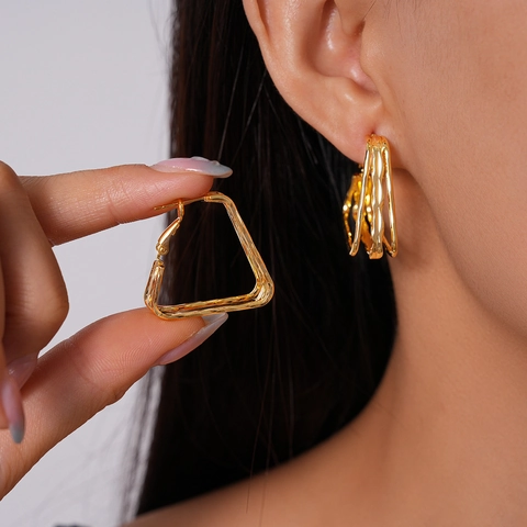 Orecchini Cerchio Geometrici Triangolari Più Strati Con Perno Argento Sterling 925 Rame Placcato Oro 18K Per Donna