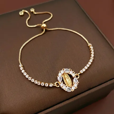 Virgin Mary Oval Pendant Bracelet Copper Zircon Adjustable Bolo Clasp Religious Jewelry For Women Luxury Style