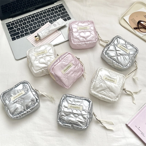 Mini Quilted Padded Storage Bag PU Leather Heart Bow Pattern Portable Cosmetic Pouch Sanitary Napkin Organizer Zipper Purse