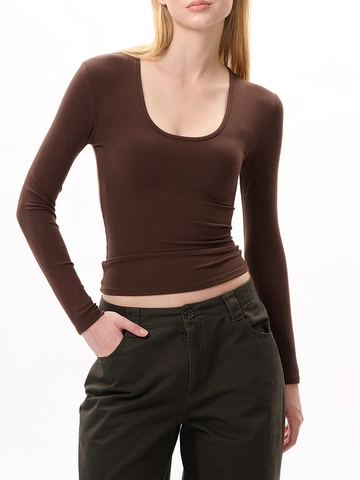 Women Long Sleeve T-Shirt Slim Fit U Neck Ribbed Viscose Modal Knit Crop Top Solid Color Base Layer