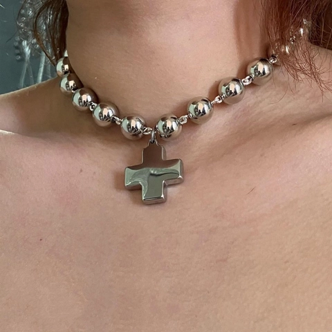 Hip Hop Titanium Steel Cross Pendant Necklace For Men Women Thick Ball Bead Chain Fashion Punk Style Jewelry Neck Accessory