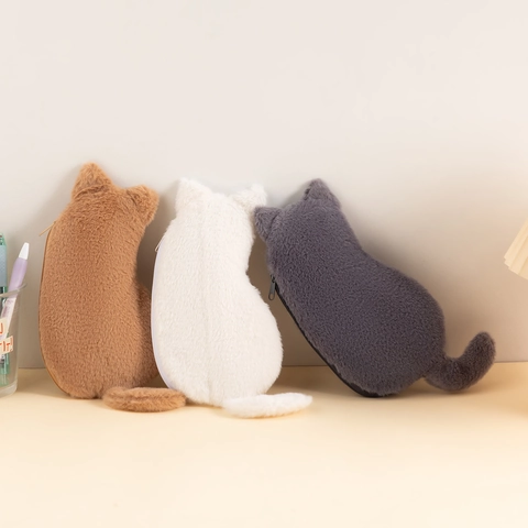 Cute Cat Shaped Plush Pencil Case Soft Faux Fur Stationery Pouch Zipper Large Capacity Makeup Storage Bag Cartoon Gift