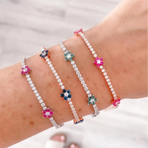 Bracciale Tennis Fiore Micro Pavé Zirconia Rame Placcato Oro Vero Minimalista Floreale Elegante Gioielli Per Donne
