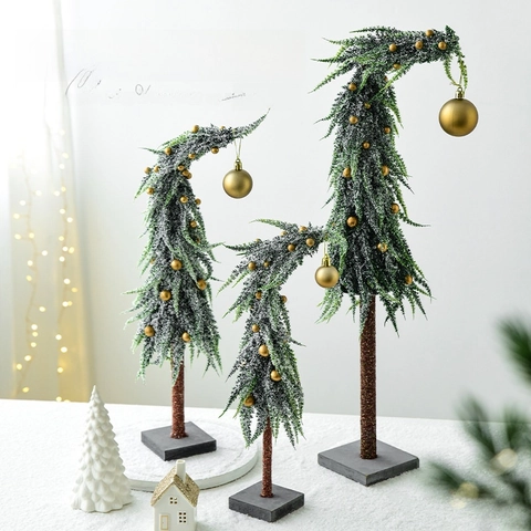 Mini Sapin De Noël En PE Avec Sommet Incurvé Neige Floconnée Et Ornements De Boules Décoration De Table