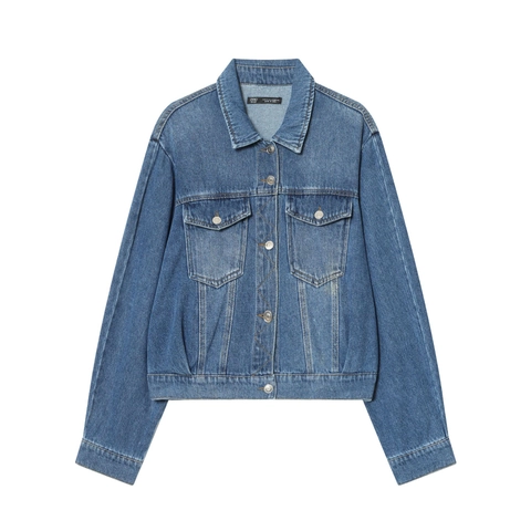 Damen Langarm Denim Jacke Baumwollmischung Reverskragen Einreihig Casual Kurzmantel Mode Blau