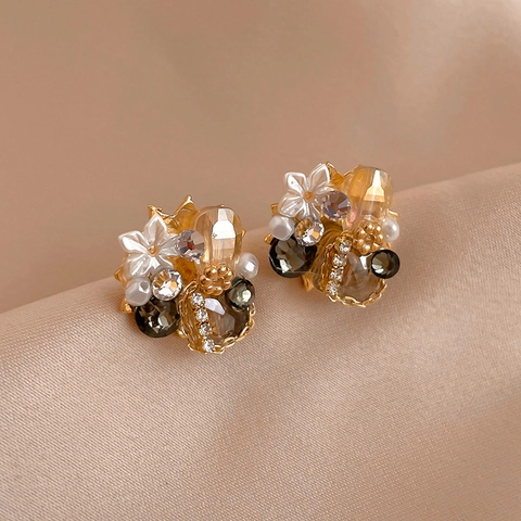 Pendientes De Flor Cobre Cristal Estrás Geométrico Vintage Elegante Para Mujer Con Poste De Pendiente De Plata 925