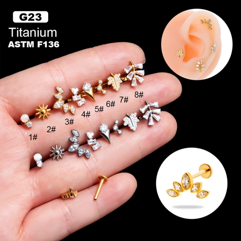 Titanium Internally Threaded Cartilage Stud Earring With Zirconia Flower Leaf Helix Piercing Jewelry
