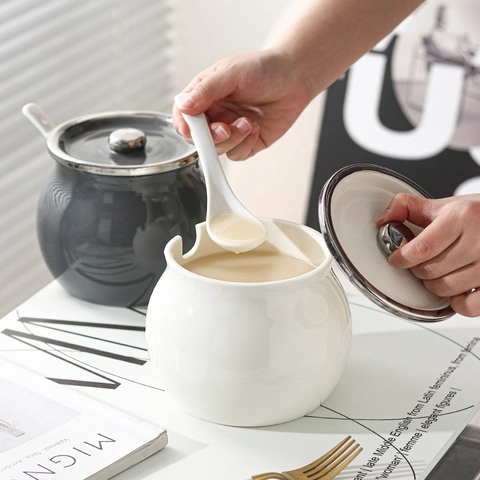 Barattolo Per Strutto In Ceramica Con Coperchio E Cucchiaio Resistente Al Calore Cucina Contenitore Per Olio Nordico