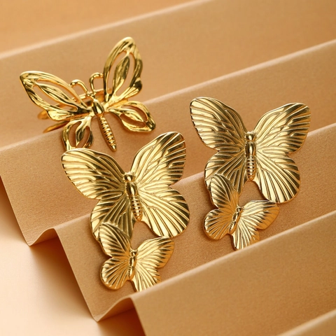 French Vintage Gold Titanium Steel Butterfly Jewelry Set Minimalist Earrings Ring For Women Wedding Party Elegant Jewelry