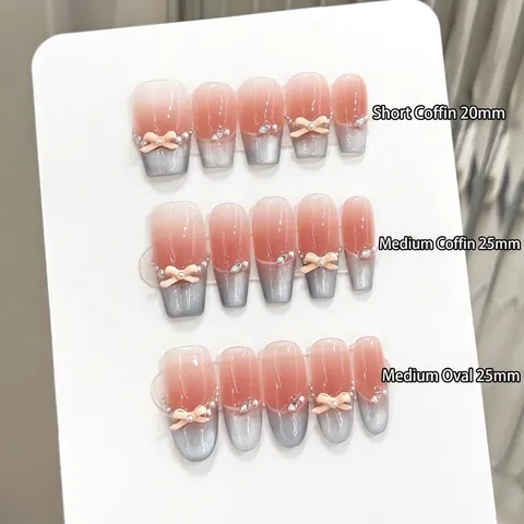 Uñas Postizas Press On Cat Eye Degradado Francés Lazo 3D Hechas A Mano Elegante Para Mujeres