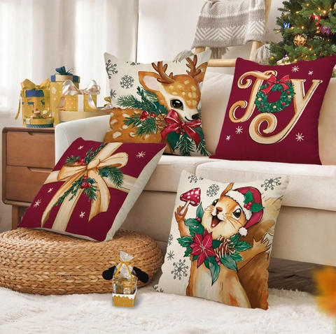 Weihnachts Kissenbezüge Leinen Atmungsaktiv Feiertags Deko Kissenhüllen Elch Eichhörnchen JOY Kranz Muster