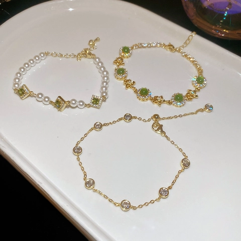 Retro Gold Plated Bracelets With Square Green Zircon Artificial Pearl And Cat Eye Stone Star Charms Jewelry For Women