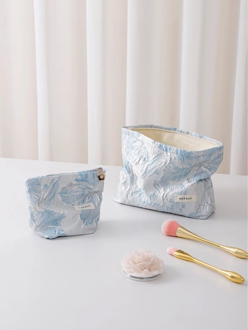 Floral Jacquard Cosmetic Bag Portable Travel Makeup Pouch With Flower Zipper Pull Sweet Elegant Organizer For Women