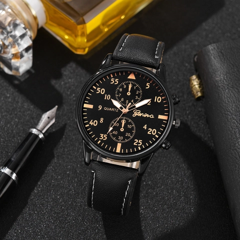 Geneva Men's Quartz Watch Business Casual Wristwatch Round Alloy Case Faux Leather Strap Multi Dial Decoration For Daily Use