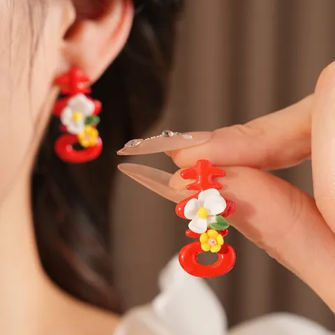 Rode Dubbel Geluk Karakter Bloem Oorbellen Legering Hars Met Zilveren Oorsteker Chinese Stijl Bruiloft Voor Dames
