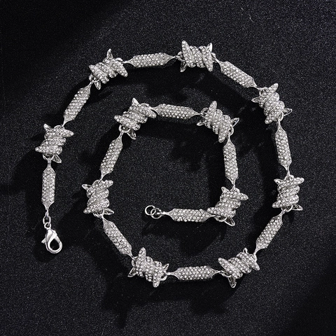 Collier en Fil de Fer Barbelé Hip Hop Iced Out en Alliage Strass Chaîne Cubaine Style Punk Bijoux Street pour Homme Femme Fête