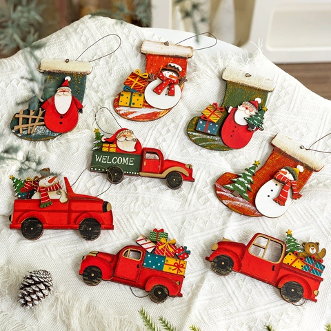 Christmas Wooden Hanging Ornaments Painted Stocking Truck Santa Snowman Xmas Tree Decorations Party Supplies Novelty