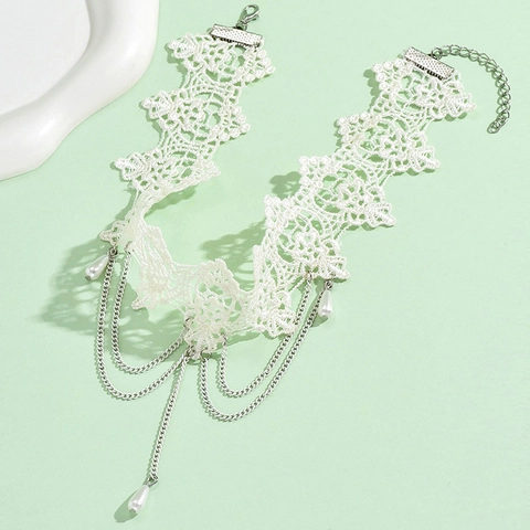 Koreanisch Minimalistisch Weiß Spitze Halskette Damen Mehrlagige Legierungskette Künstliche Perlenanhänger Vintage Romantisch Schmuck