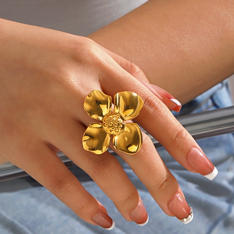 Anello Fiore in Acciaio Inossidabile Oversize Stile Occidentale per Donna Placcato Oro 18K Grande Anello a Fascia Floreale Gioielli