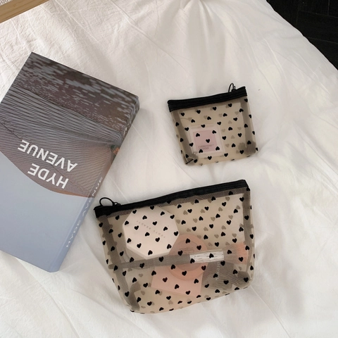 Trousse De Maquillage En Maille À Motif Coeur Transparente Sac De Rangement Cosmétique Portable Organisateur De Voyage À Fermeture Éclair